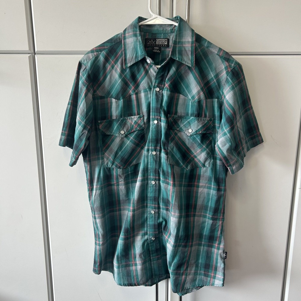Canyon Guide Outfitters Mens Green Plaid Western Short Sleeve Button Down Shirt